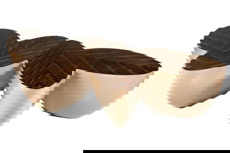 WENDELL CASTLE FOUR LOBE SIZZLE COFFEE TABLE: Designed by Wendell Castle (American, 1932-2018) for the Collection Line. A three pod cocktail coffee table with Macassar ebony top and light brown base. Signed. H. 16 3/4" W. 55 1/2" D. 32 3/4"