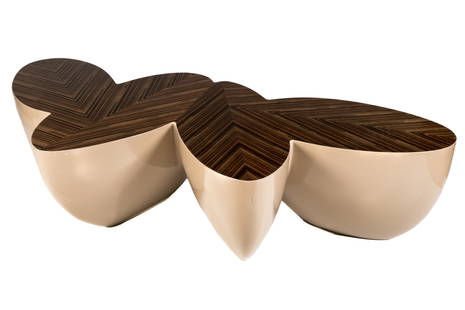 WENDELL CASTLE FOUR LOBE SIZZLE COFFEE TABLE: Designed by Wendell Castle (American, 1932-2018) for the Collection Line. A three pod cocktail coffee table with Macassar ebony top and light brown base. Signed. H. 16 3/4" W. 55 1/2" D. 32 3/4"