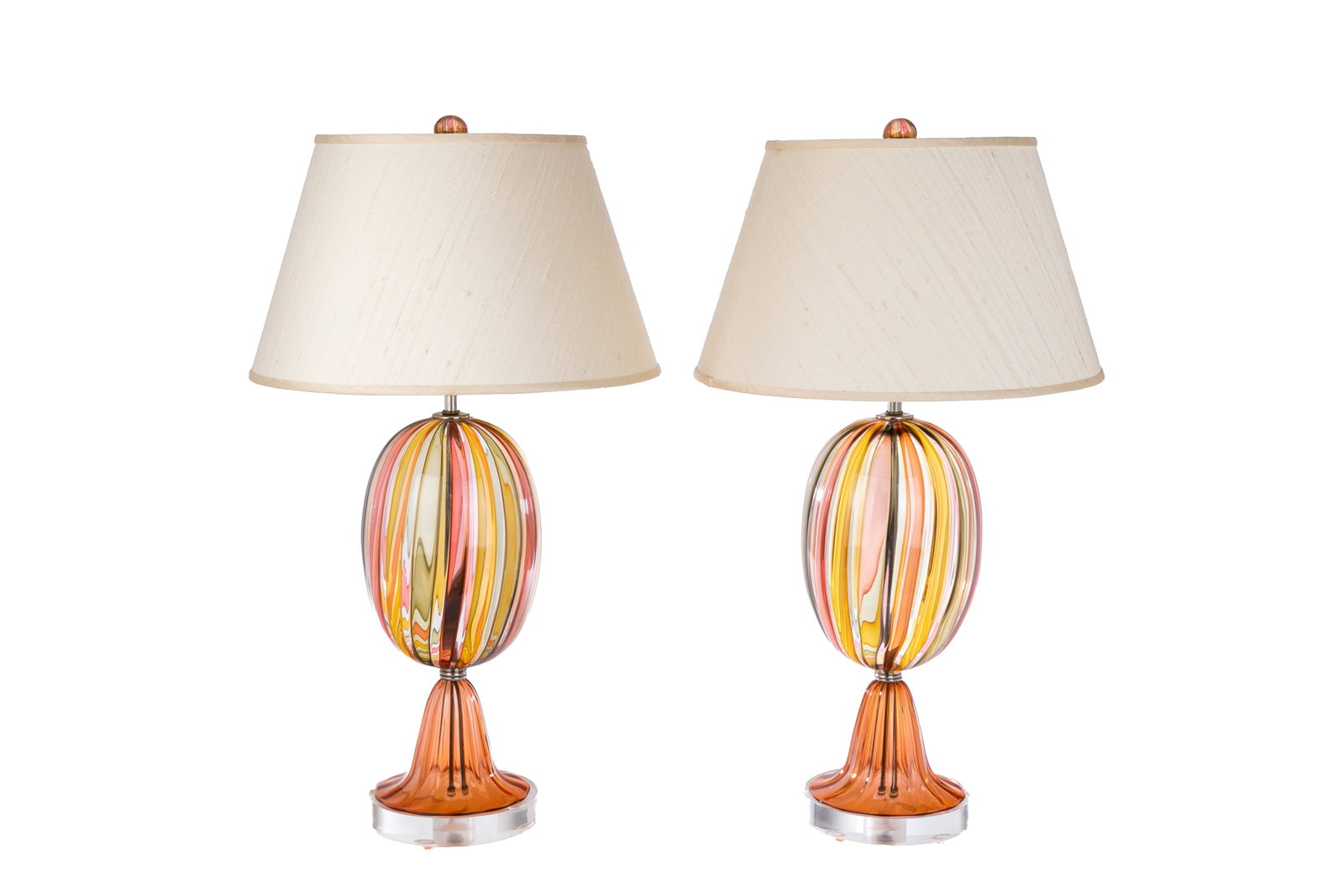 PAIR OF MURANO STRIPED GLASS TABLE LAMPS: Bulbous body raised on Lucite bases. H. 24"