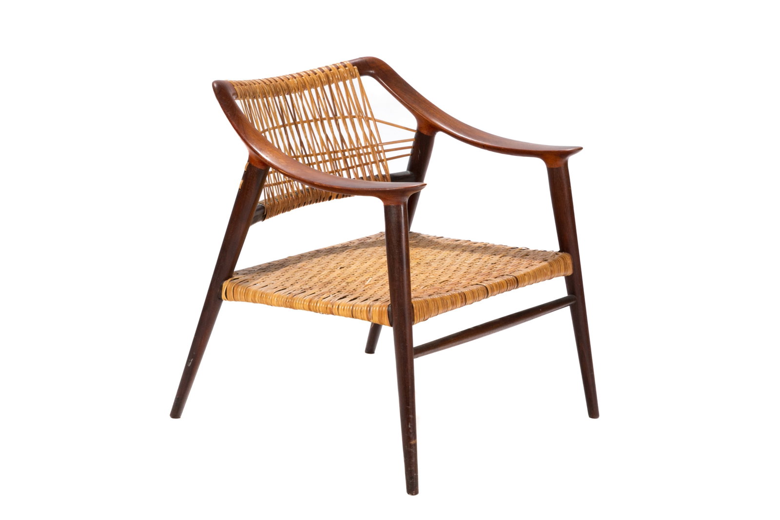 NORWEGIAN BAMBI 1950s LOUNGE CHAIR: Claro Walnut chair designed by Rastad and Relling in 1954. H. 27" W. 26" D. 25"