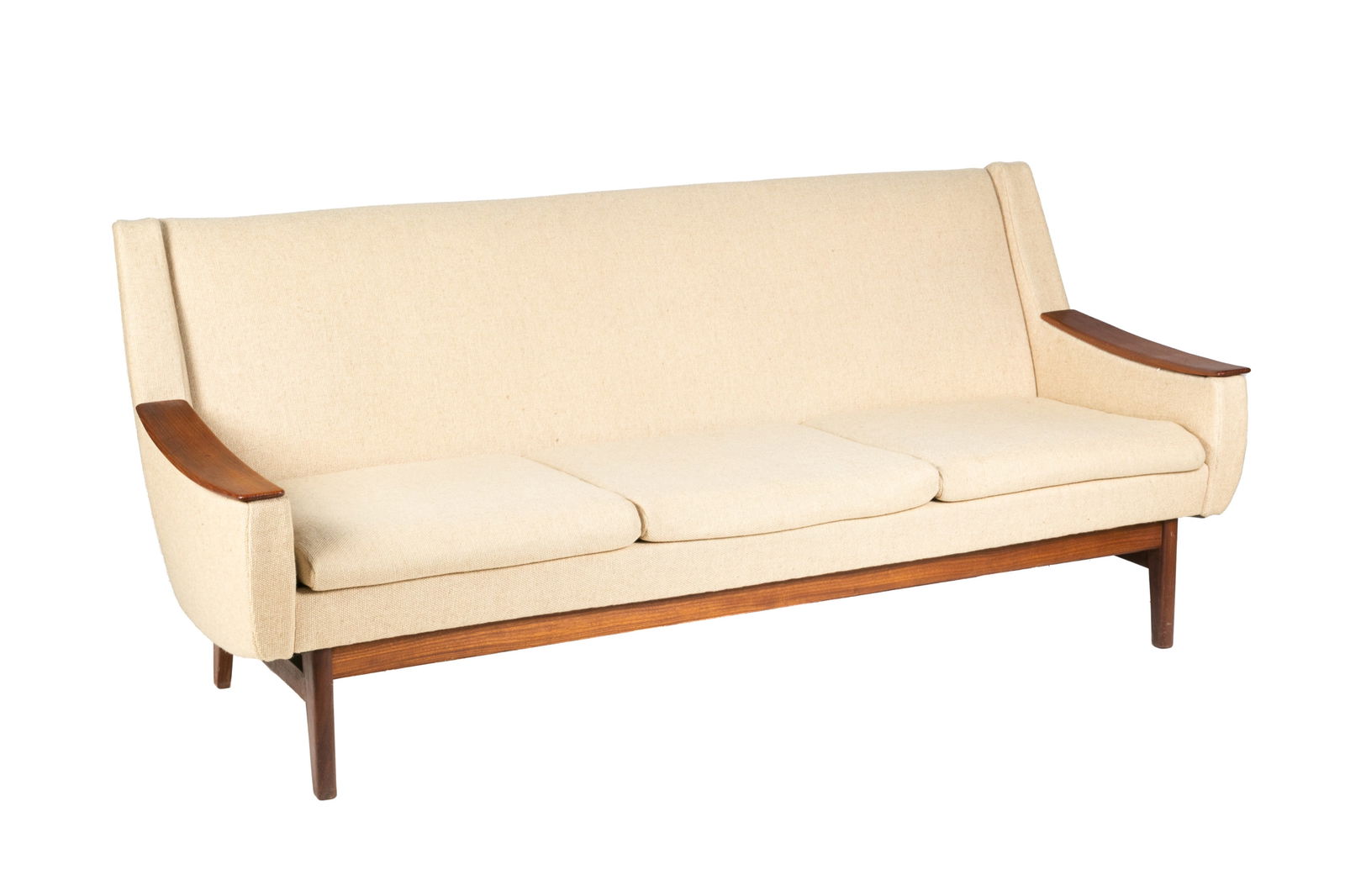 MID-CENTURY THREE SEAT SOFA WITH TEAK ARMS (1 of 1)