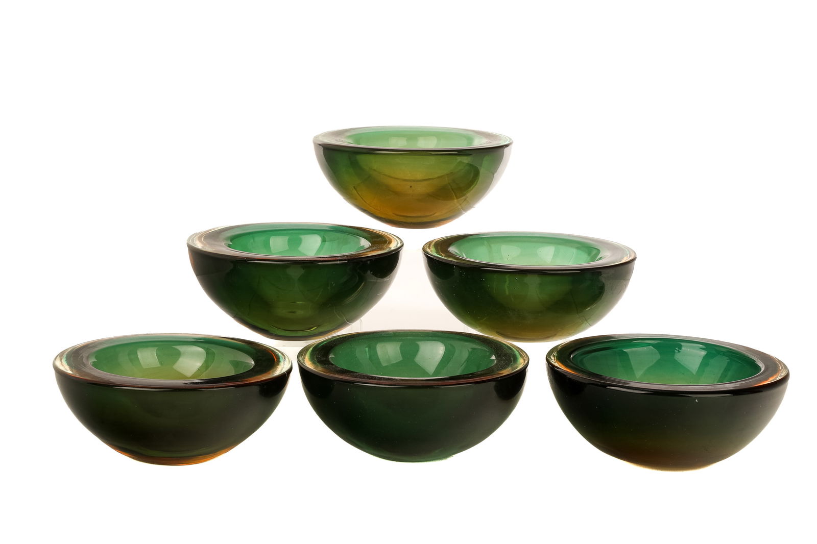 SIX VINTAGE ITALIAN GREEN & ORANGE GLASS BOWLS (1 of 2)