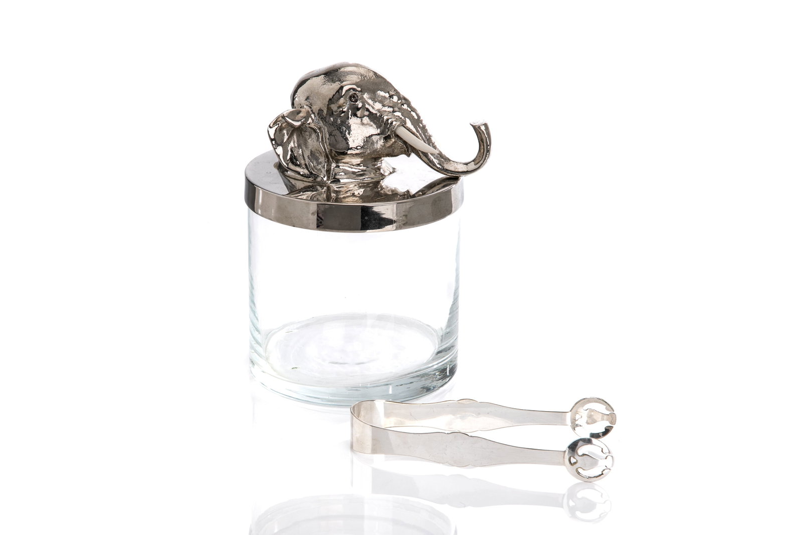 ITALIAN SILVERPLATED & GLASS ELEPHANT ICE BUCKET: In the style of Franco Lapini, interior of lid impressed Made in Italy. Dia. 15.4cm (6in)