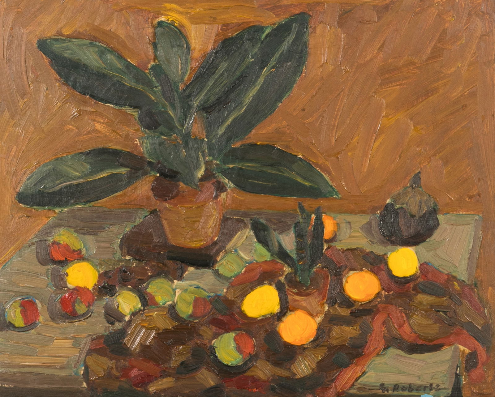 GOODRIDGE ROBERTS (Canadian, 1904-1974): Still life with plant and fruit Oil on masonite Signed bottom right H. 17 1/4" W. 21 1/2" Provenance: Walter Klinkhoff Gallery (Montreal); Dominion Gallery (Montreal); Lapidarius JoaillierAntiquaire (
