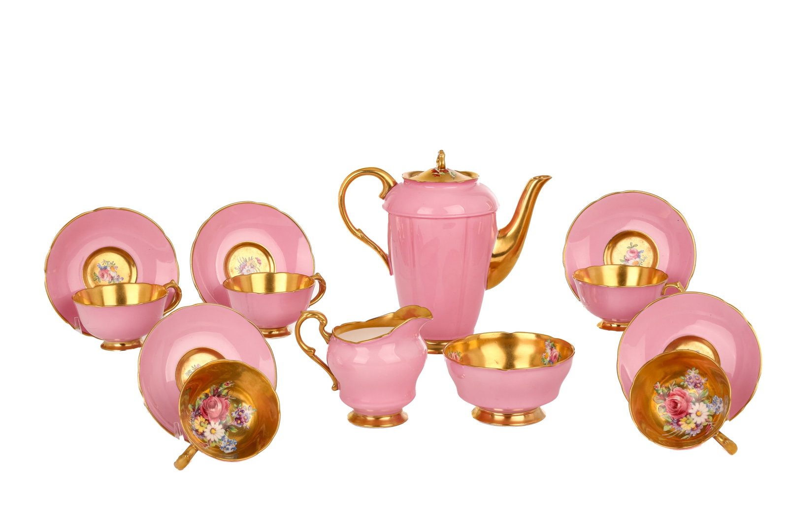 EIGHT PCS PARAGON PORCELAIN TEA & COFFEE SERVICE: Pink ground porcelain with gilded and floral accents. Comprising teapot, cream jug, open sugar, and five demitasse cups and saucers. Marked to underside Paragon by Appointment to H. M. The Queen & H. 
