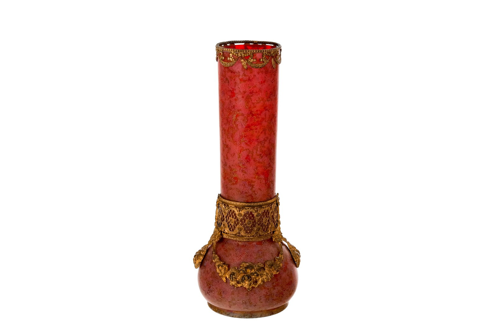 BOHEMIAN BRASS MOUNTED RED GLASS VASE (1 of 5)