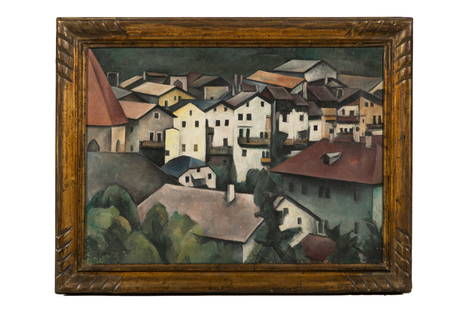 ALEXANDER KANOLDT (German, 1881-1939): Stadt im Tal III (Town in the Valley III), 1920 Oil on canvas Signed and dated lower left H. 18 1/2" W. 25 1/4" An austere, geometric rendering of an architectural landscape with hints of Cubist and P