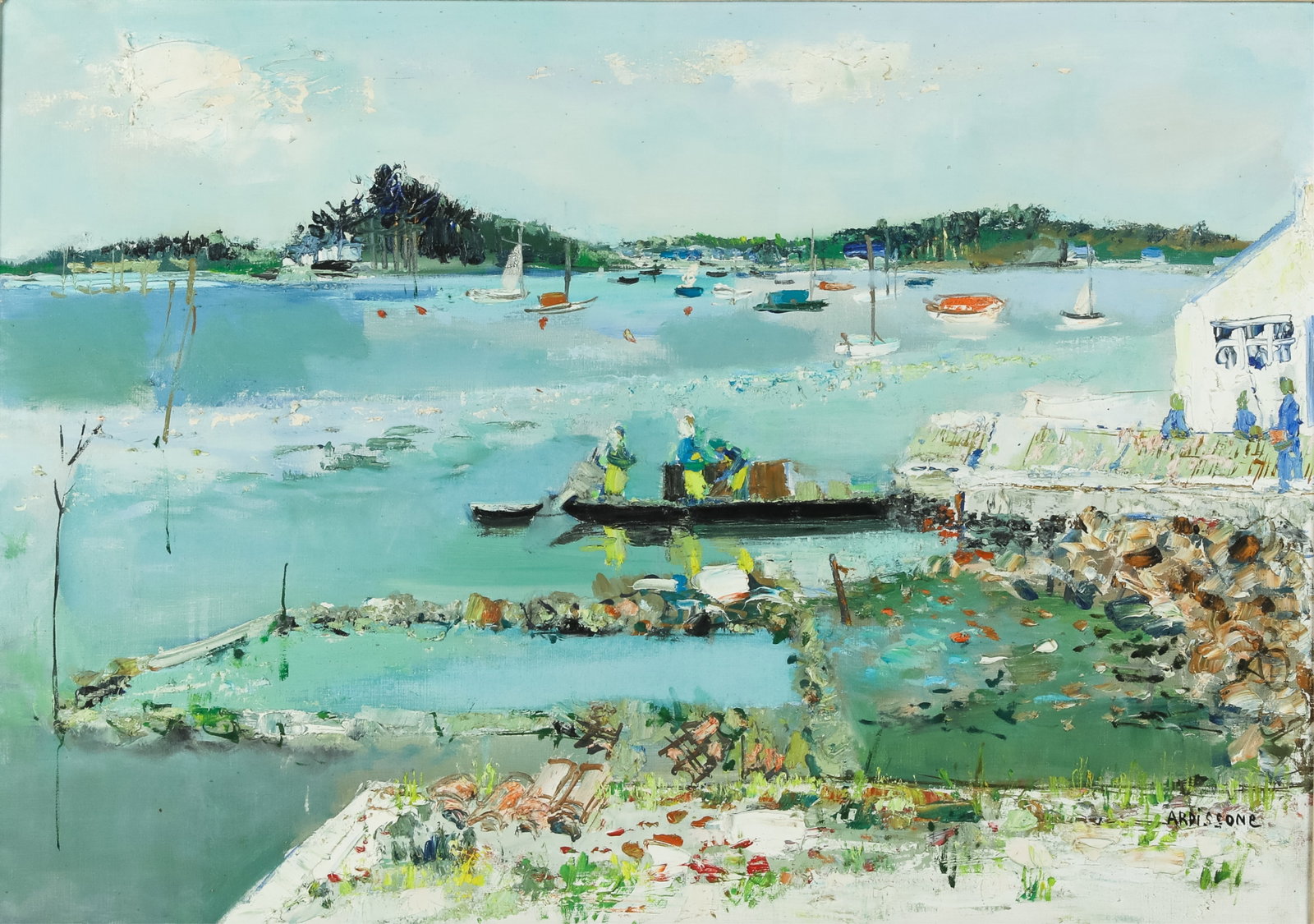 YOLANDE ARDISSONE (French, b. 1927): Harbour Oil on canvas Signed bottom right H. 25 3/4" W. 36 1/2" Provenance: Wally Findlay Galleries (New York)