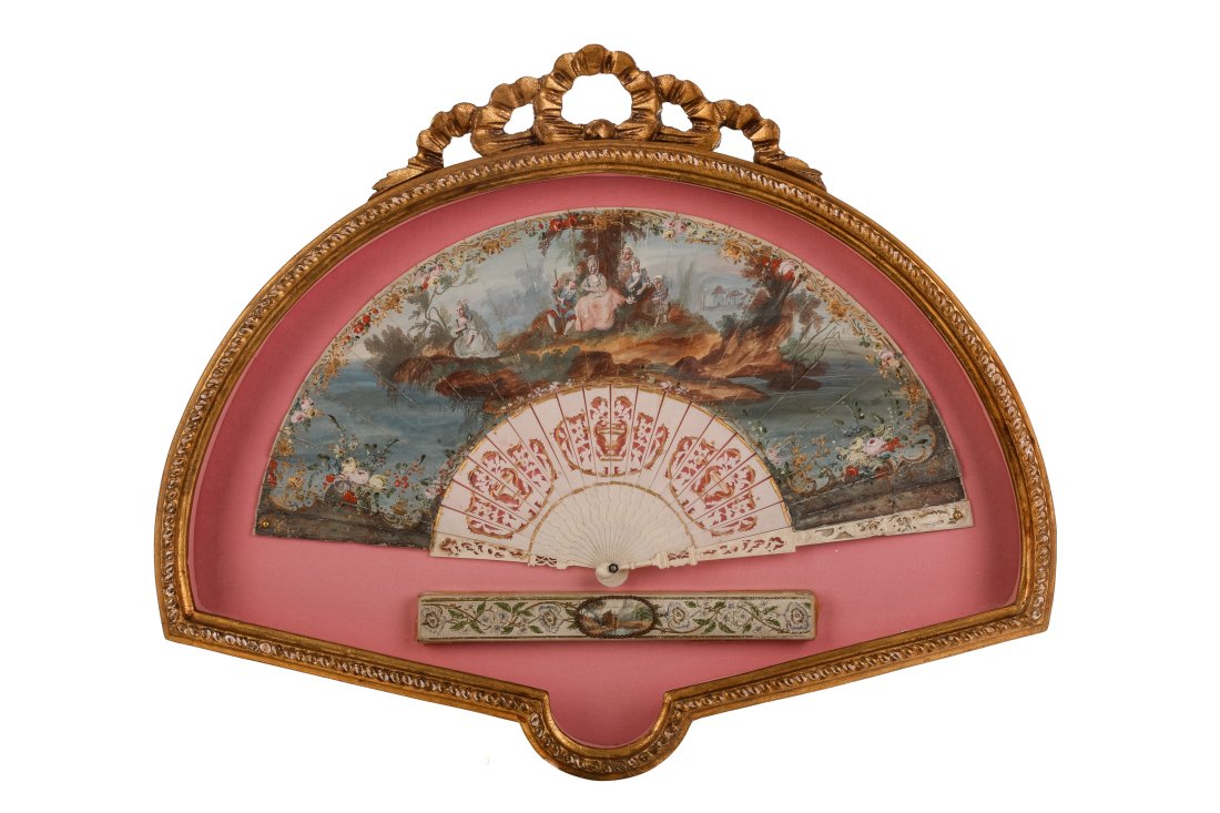 ANTIQUE PAINTED FAN: In shadow box