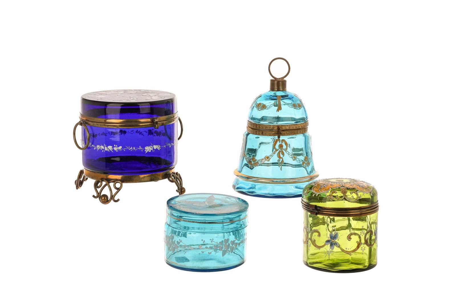 FOUR ANTIQUE BOHEMIAN GLASS DECORATIVE BOXES: Bell form with enamel swags, cobalt blue circular Mary Gregory style, turquoise with white enamel butterfly and flowers and a green Moser style box with gilding. Metal mounts. Dia of cobalt10.5cm (4 1