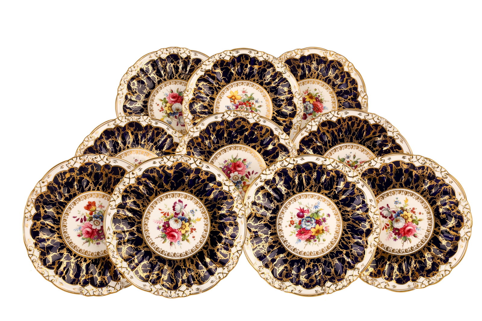 TEN HAMMERSELEY ENGLISH PORCELAIN PLATES: White trim with cobalt blue and gilded decoration. Centre with hand painted floral spray, signed F. Howard. Marked Hammersley & Co to underside. English, 20th C. Dia. 22.5 cm (8 7/8 in.)