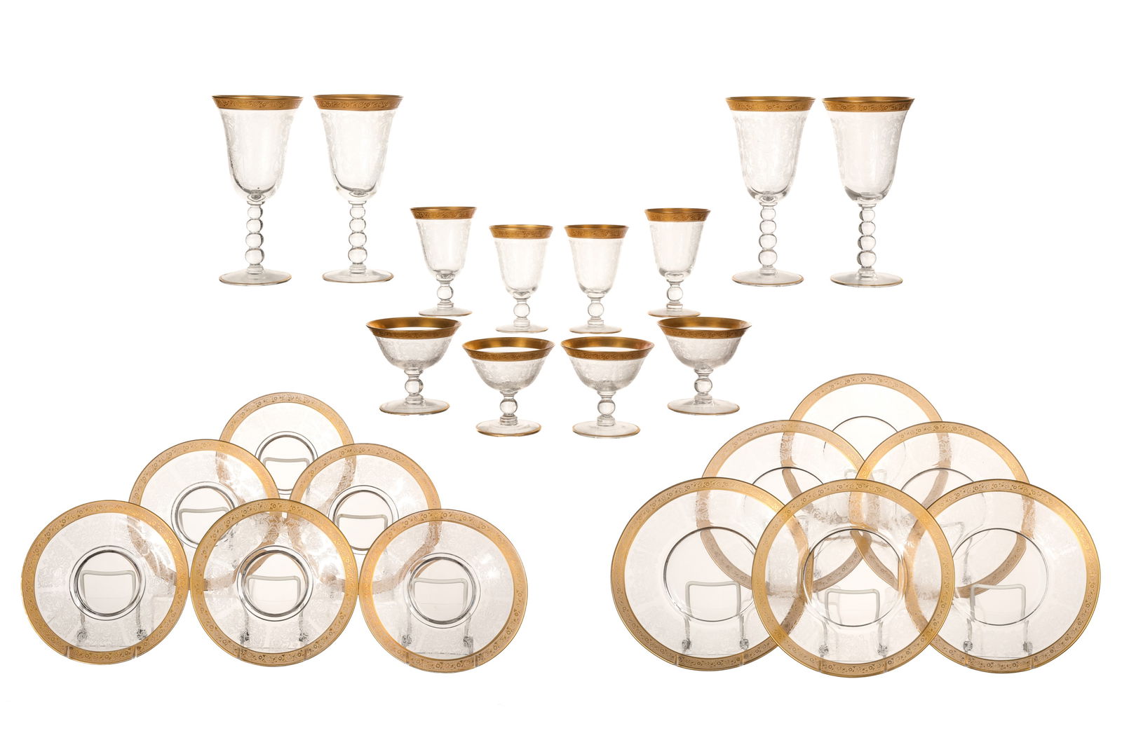 52 PCS SET OF ETCHED GLASS STEMWARE & PLATES: Moser style gilded rims with etched scrollwork pattern, comprising 12 dessert plates, 12 bread and butter, 4 wine stems, 12 champagne/sherbet coupes, 12 sherry (plus one). 20th C. Dia. of dessert plat