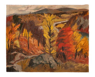 HENRI MASSON (Canadian, 1907-1996): Untitled (Quebec landscape) Oil on board Signed bottom right H. 18" W. 22"