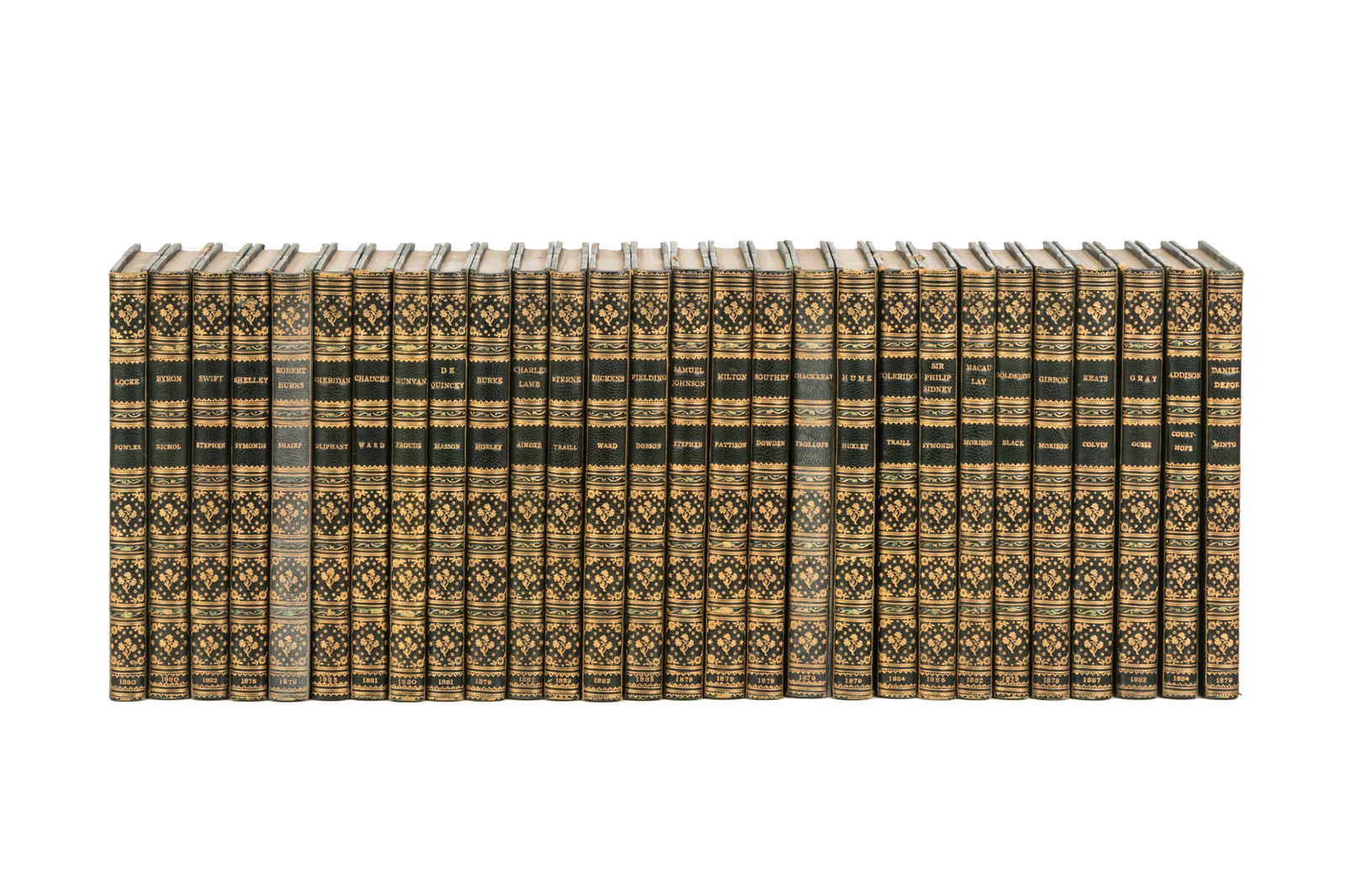 ENGLISH MEN OF LETTERS, FIRST SERIES (28 VOLS): ENGLISH MEN OF LETTERS, ed. John Morley (London: Macmillan & Co., 1878-1892). 8vo. Hardcover with three quarter green morocco over marbled boards. Five bands to the spine with elaborate gilt floral pa