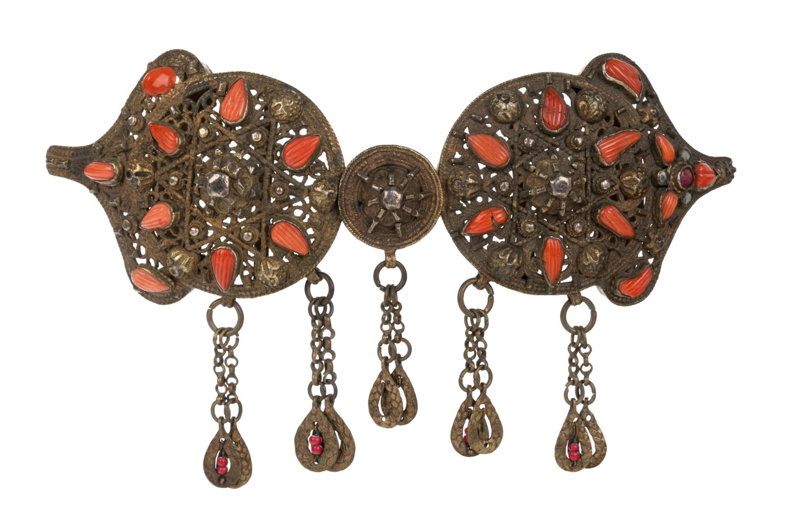 TURKISH CORAL INLAY BELT BUCKLES: Turkish, cast in openwork and inset with coral inlay and semi precious stones of irregular shape. L. 13.5 cm (5 1/4 in.) and shorter.BIDDERS LIVING OUTSIDE OF CANADA are warned to proceed with care be