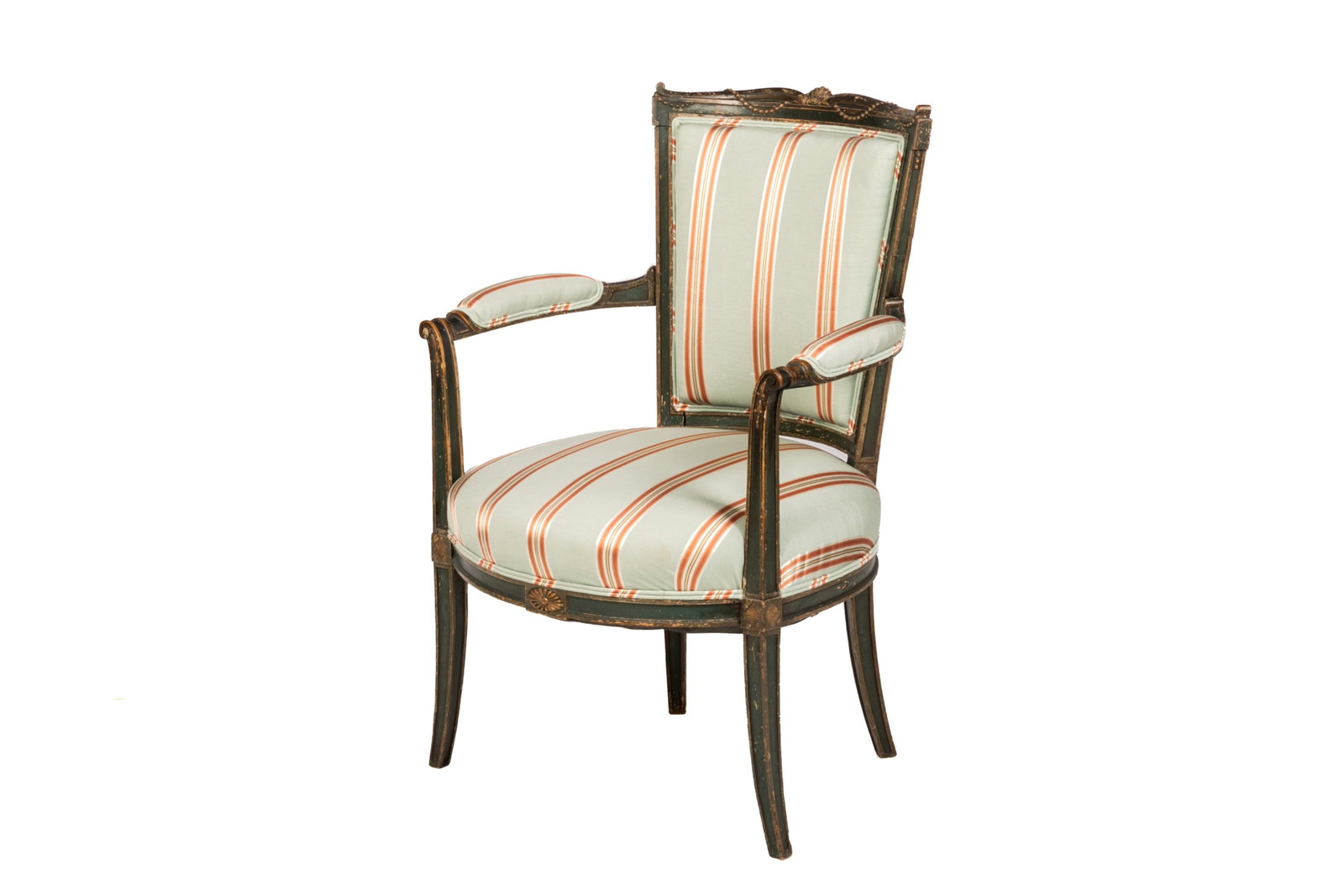 ANTIQUE GREEN PAINTED FRENCH ARMCHAIR: H.: 35" W.: 24 1/2" D.: 22 1/2"