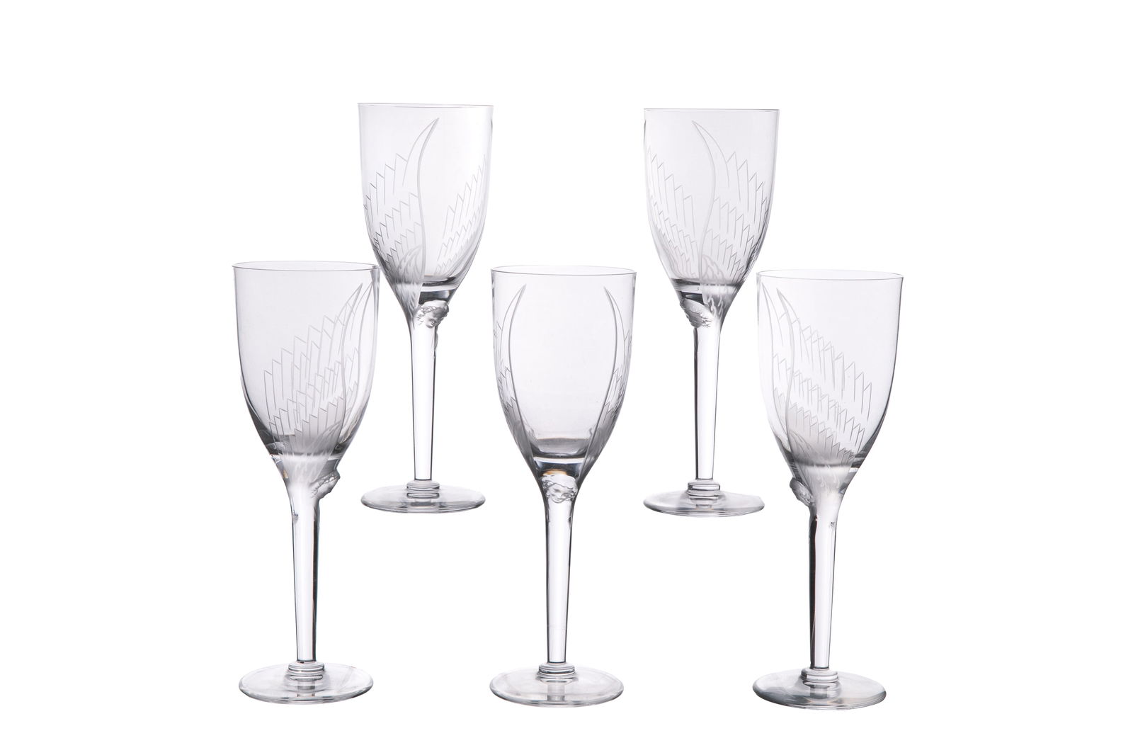 FIVE LALIQUE FRANCE ANGEL CHAMPAGNE GLASSES (1 of 2)