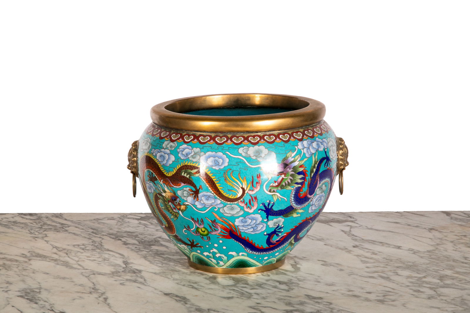 CHINESE CLOISONNE ENAMEL DRAGON FISH BOWL (1 of 2)