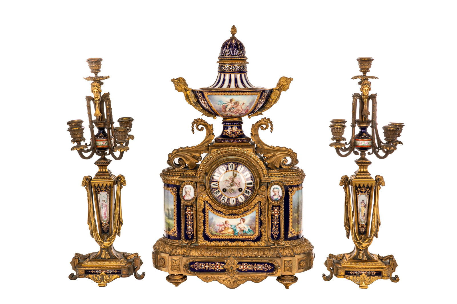 19th C FRENCH BRONZE & PORCELAIN CLOCK GARNITURE (1 of 4)