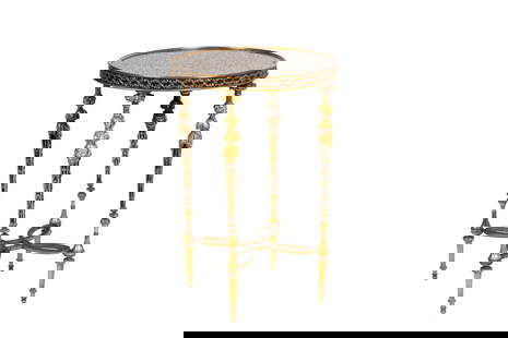 FRENCH GRANITE TOP & BRONZE MOUNTED SIDE TABLE: Four monopodia figural legs, lattice work frieze surrounding a stone base, granite top. Silver-blue metal x-form stretcher. The table after an example by Adam Weisweiler, possibly made by Paul Sormani
