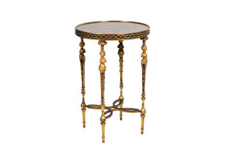 FRENCH GRANITE TOP & BRONZE MOUNTED SIDE TABLE: Four monopodia figural legs, lattice work frieze surrounding a stone base, granite top. Silver-blue metal x-form stretcher. The table after an example by Adam Weisweiler, possibly made by Paul Sormani