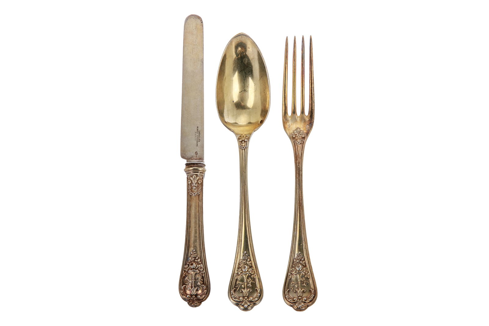 34 PCS 19th C FRENCH SILVER GILT FLATWARE, 1606g (1 of 5)