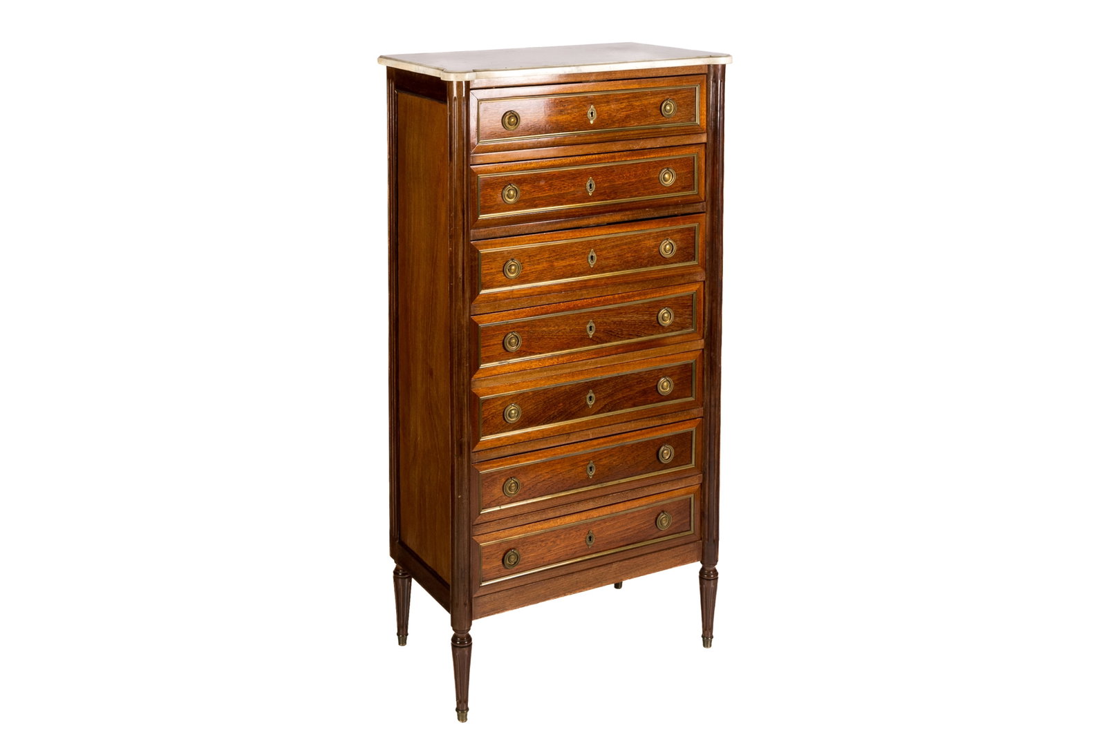 FRENCH SEVEN DRAWER LINGERIE CHEST: Simple form with brass banding and pulls, white marble top. First half 20th C. H.: 57" W.: 28" D.: 17"