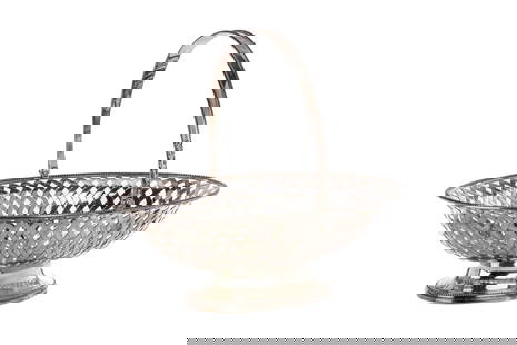 GEORGE III ENGLISH SILVER PIERCED BASKET, 1054g: An 18th C Georgian sterling silver woven swing-handle basket, with beaded rim decoration and engraved design to interior. Hallmarked to foot: Andrew Fogelberg & Stephen Gilbert, London,1785. L. of bas