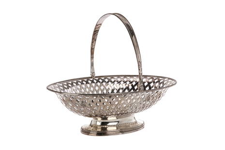 GEORGE III ENGLISH SILVER PIERCED BASKET, 1054g: An 18th C Georgian sterling silver woven swing-handle basket, with beaded rim decoration and engraved design to interior. Hallmarked to foot: Andrew Fogelberg & Stephen Gilbert, London,1785. L. of bas