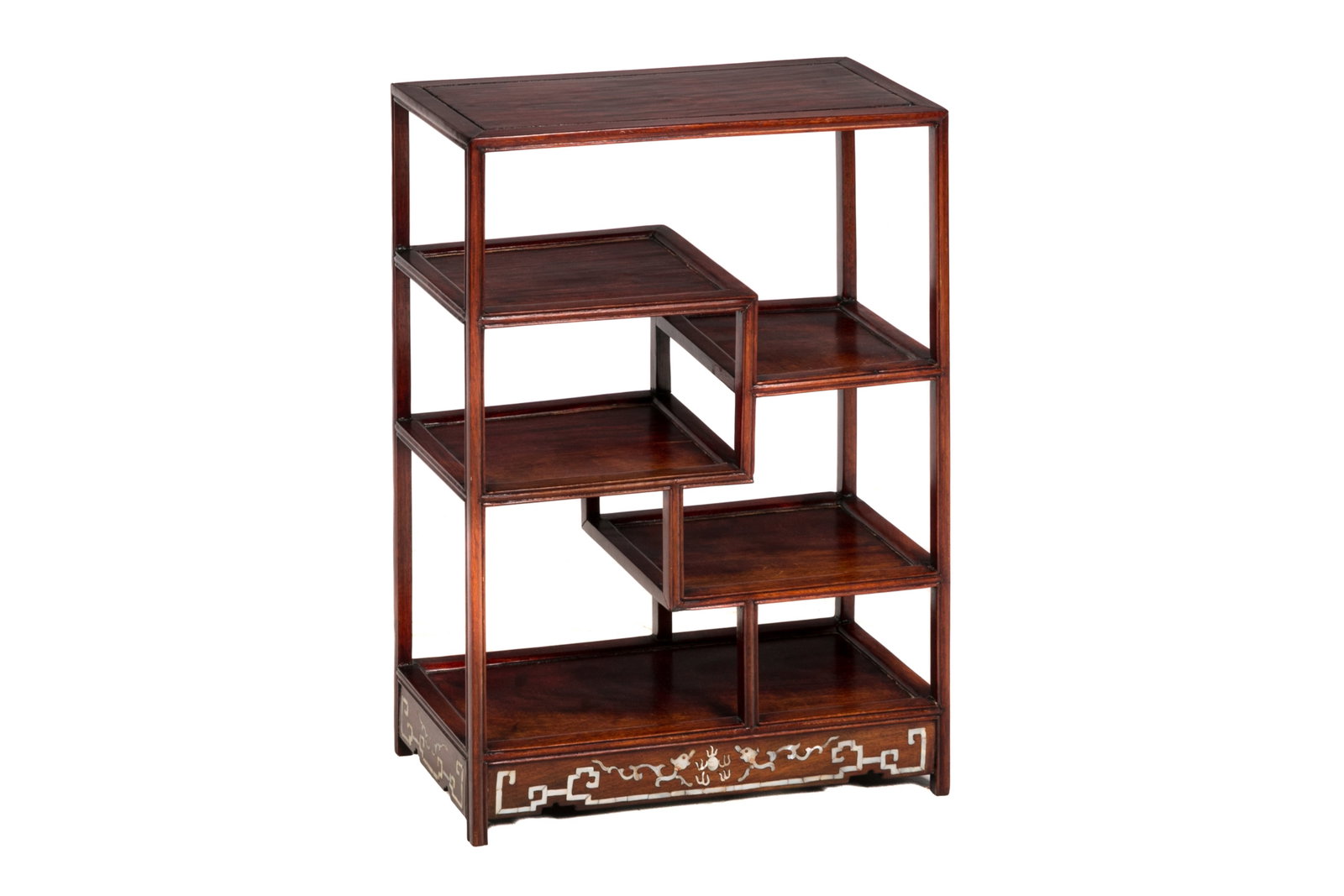 CHINESE HARDWOOD OPEN TIERED CURIO SHELF: Stepped open display shelf ith inlay base, early 20th C. H.: 22" W.: 16" D.: 7"