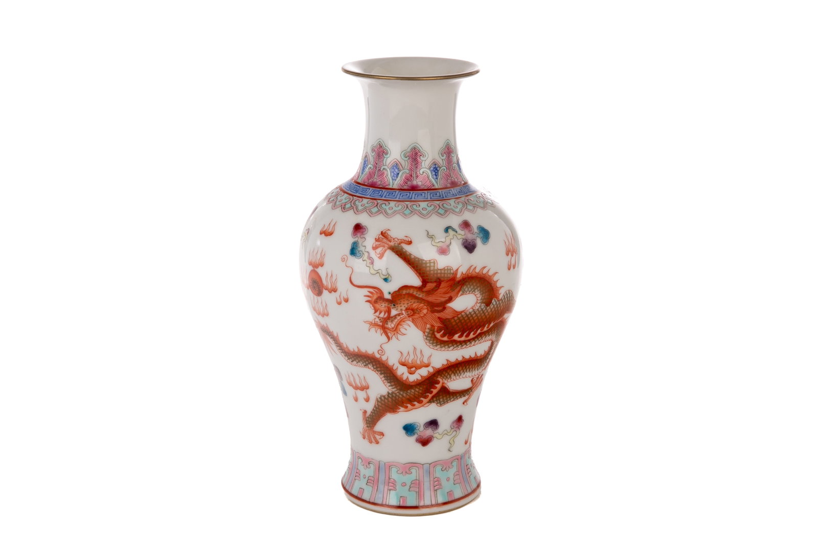 A CHINESE FAMILLE ROSE PORCELAIN DRAGON VASE: Chinese, famille rose vase, with dragon motif and repetitive floral and geometrical enamel lappet patterns on the neck and bottom, six Chinese-character qianlong mark. H. 24.5 cm (9 3/5 in.)