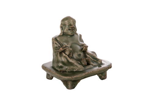 MING LONGQUAN CELADON FIGURE BUDAI, ARHAT OR BUDDHA: Chinese, Early Ming dynasty, 15-16th century, Longquan kilns, celadon figure of Budai, the legendary mink and emanation of Maitreya Buddha sitting on a stand. H:12.7cm (5in) W:12.7cm (5in)