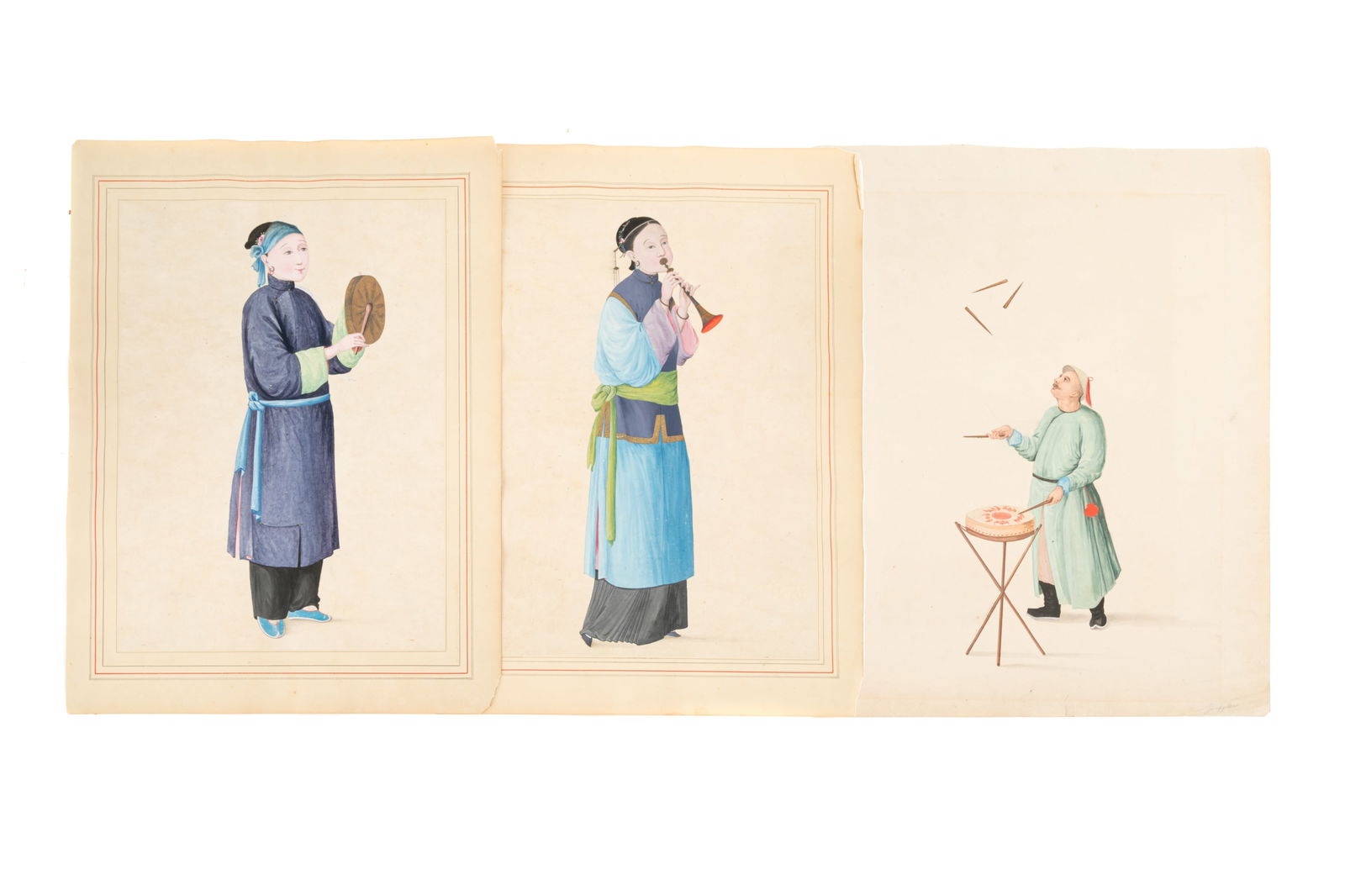 A CHINESE EXPORT GOUACHE OF A JUGGLER: Chinese, Qing period, 18th century Canton area, gouache painting on paper, depicting the scene of a juggler wearing the traditional Manchu custom and playing several sticks for hitting the drum. L: 48
