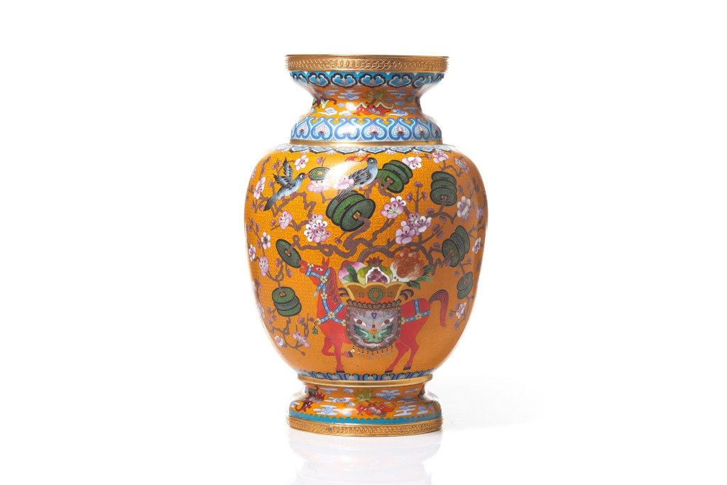 ORANGE GROUND CHINESE CLOISONNE ENAMELLED VASE (1 of 6)
