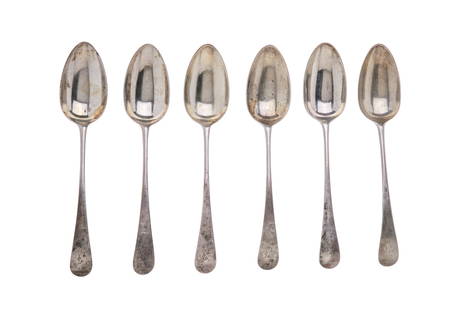 SIX GEORGE III SILVER TABLESPOONS, 430g: Six English sterling silver tablespoons, each terminating in a monogram 'F'. Hallmarked to reverse to each Hester Bateman, London, four marked 1778-1779. Hallmarks are partiallyelongated/obscured,