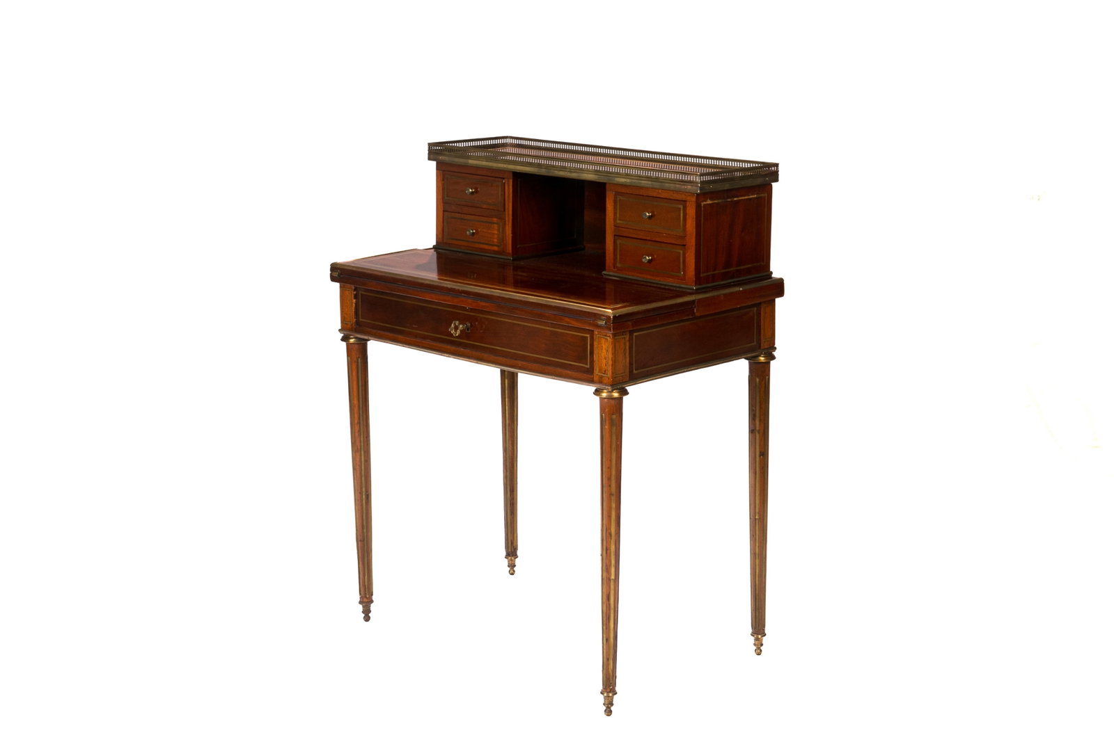 LATE 19th C FRENCH MAHOGANY DESK: Louis XIV style mahogany writing desk with upper compartments topped with brass gallery. Set on four tapered, reeded legs. French, late 19th C.80.5 x 50.2 cm