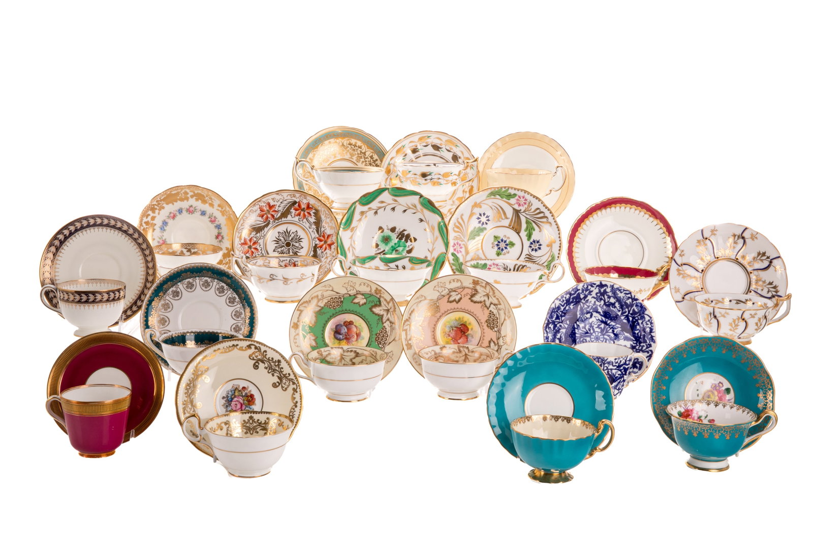 EIGHTEEN PORCELAIN TEACUP AND SAUCER SETS: Various patterns and makers, including Aynsley, Coalport, Royal Chelsea, and Royal Crown Derby. H. of largest: 6.5cm (2 1/2 inches)