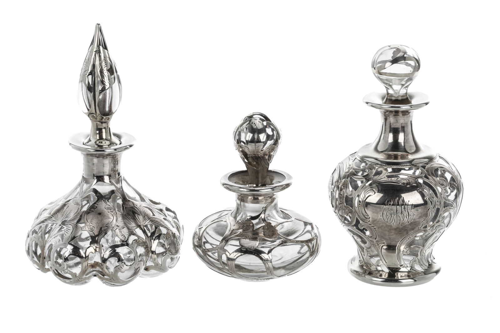 THREE AMERICAN SILVER OVERLAY GLASS SCENT BOTTLES (1 of 2)
