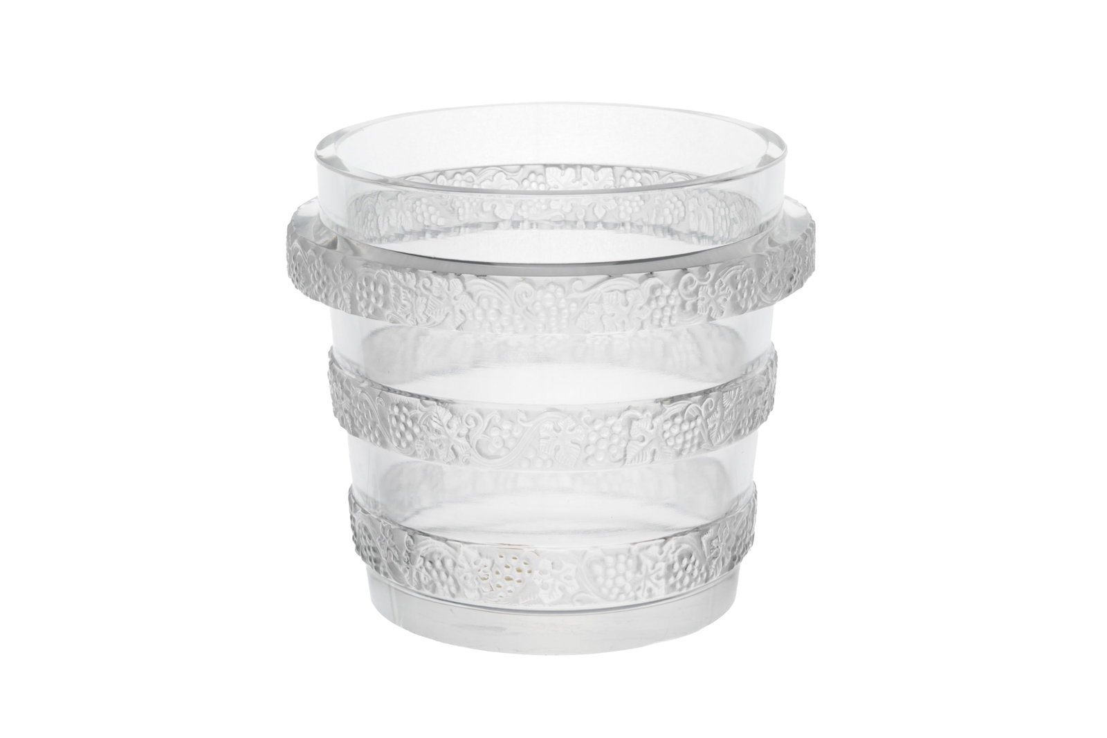 LALIQUE FRANCE RICQUEWIHR FROSTED GLASS VASE: Cylindrical vase with frosted floral banding around the body. French, 20th C. H.: 12.4 cm (4 7/8 in.)