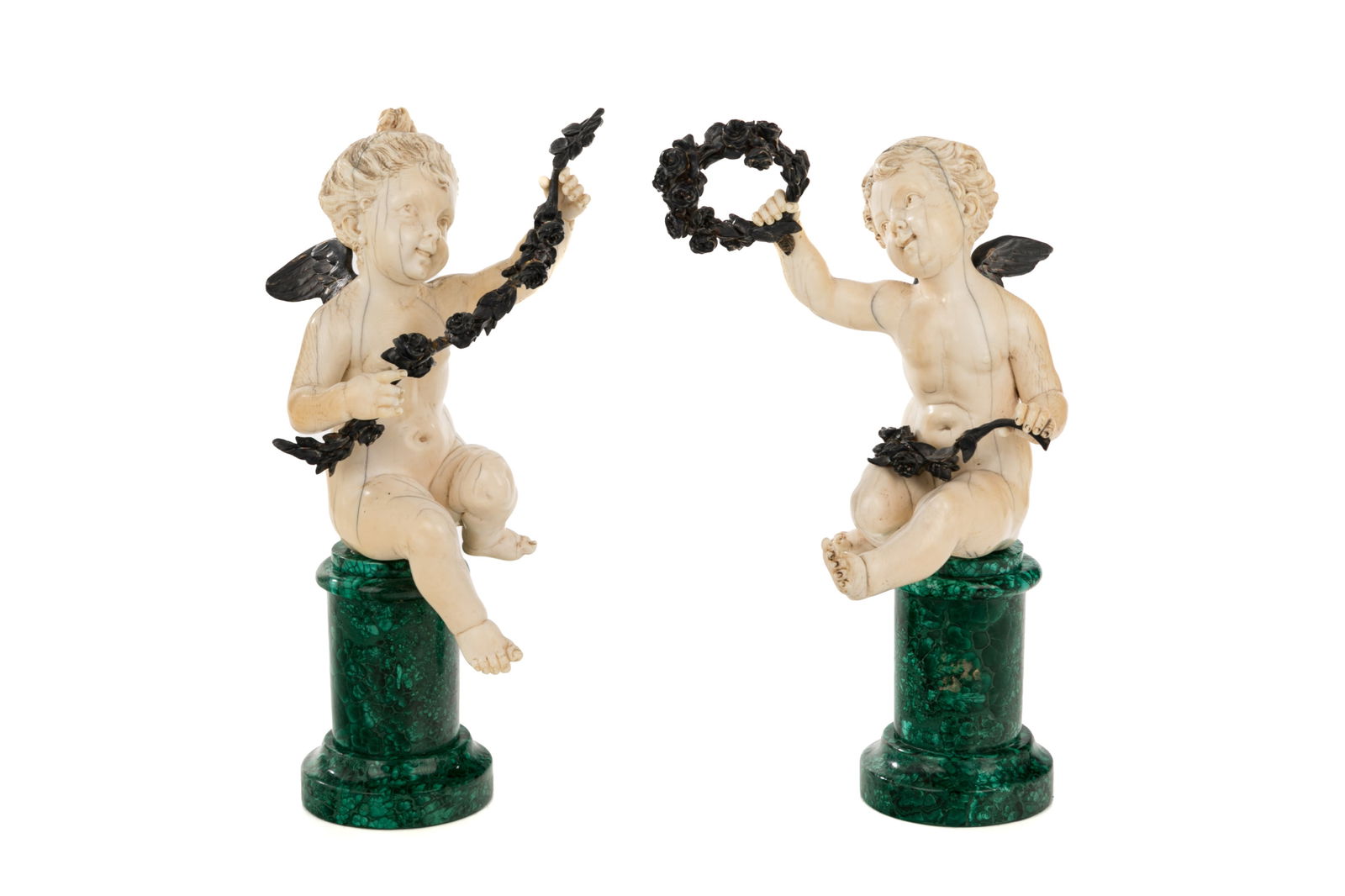 PAIR FINE FRENCH CARVED CHERUBS ON MALACHITE BASES (1 of 1)