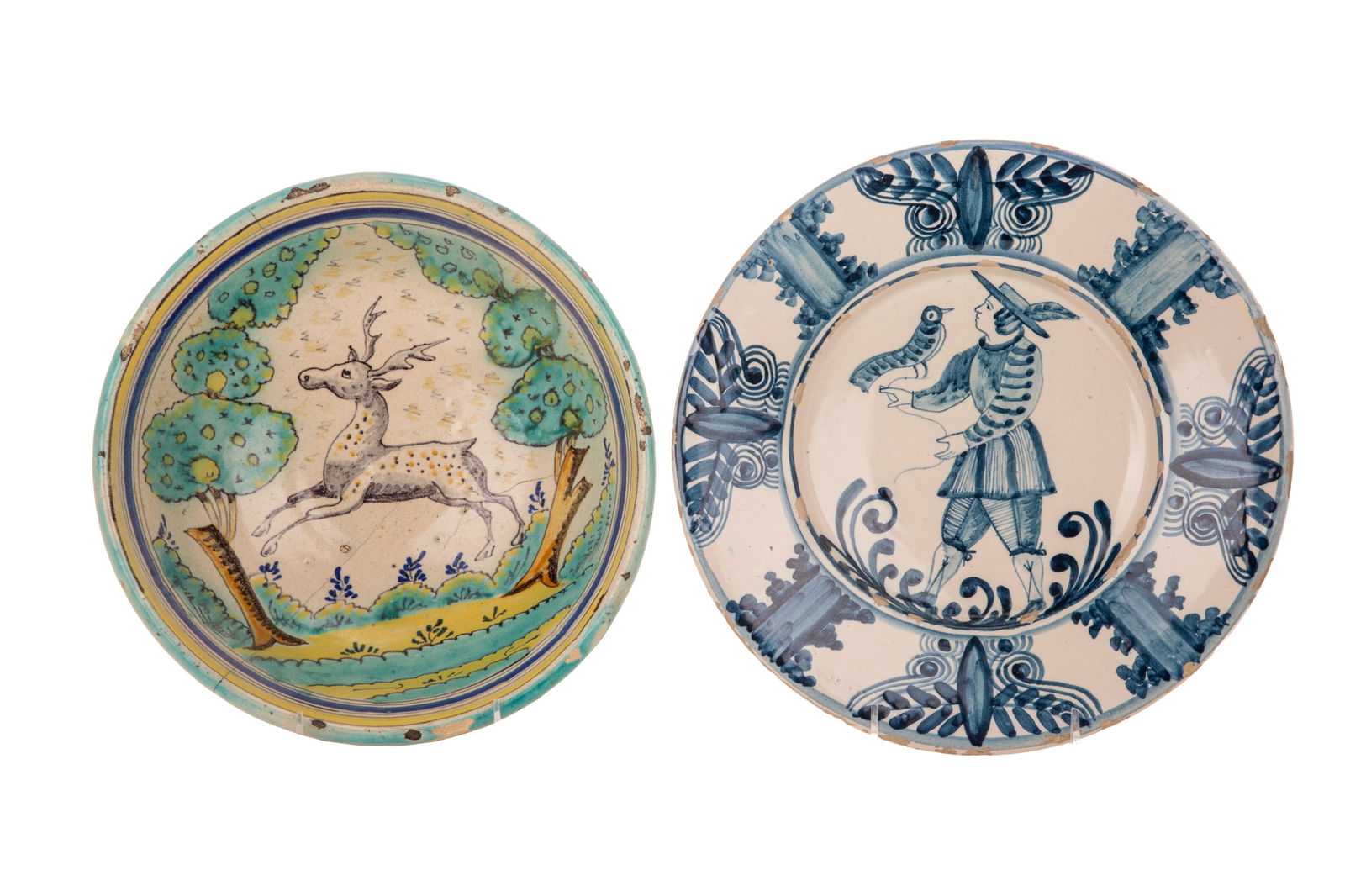 TWO ANTIQUE TIN GLAZED MAJOLICA  POTTERY DISHES (1 of 5)