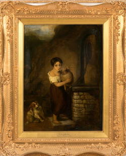 ATTRIB RICHARD WESTALL (English, 1765-1836): The Girl at the Well Oil on canvas Attribution along bottom of frame In highly decorative gilt frame H.: 33 1/2" W.: 37 1/2"