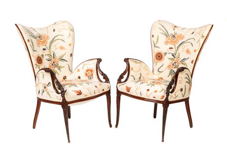 PAIR OF HOLLYWOOD REGENCY CREWLWORK ARMCHAIRS: Possibly designed by Dorothy Draper of Grosfeld House in the Art Nouveau manner. H.: 40 1/2" W.: 28" D.: 29"