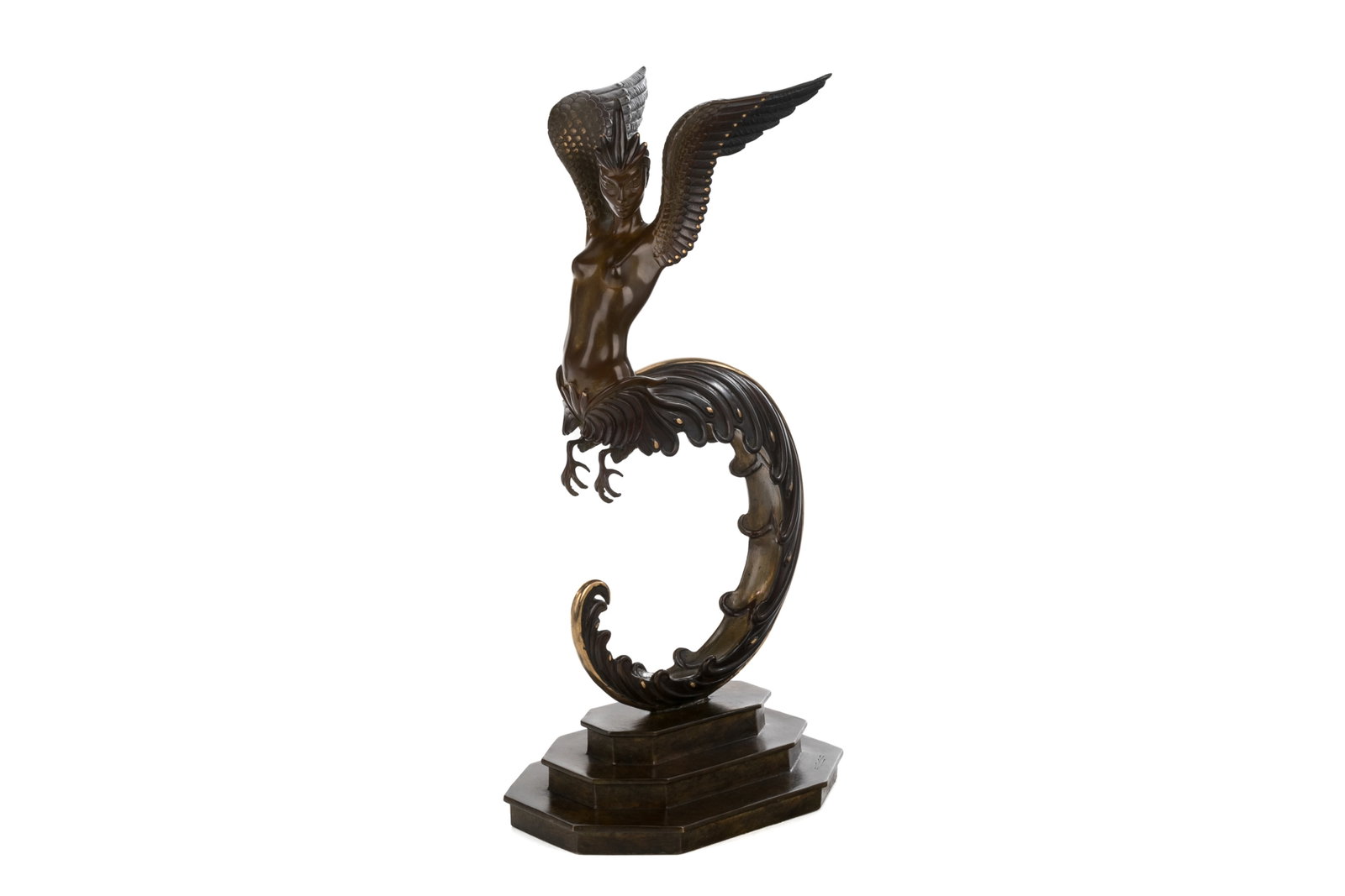 ERTE BRONZE ART DECO FIREBIRD SCULPTURE: Patinated bronze sculpture of a winged nude -- half woman, half bird -- with a mythological tail. Art deco style. Base signed RKPINT.CORP 1980, 16/250. 20th C. H.: 41 cm (16 in.)