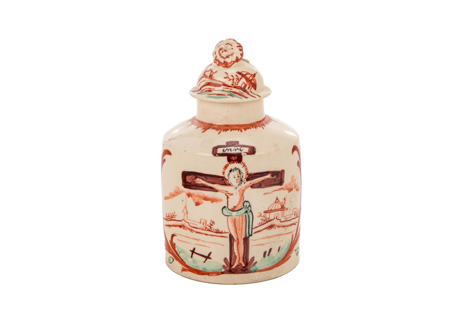 RARE DEVOTIONAL ENGLISH CREAMWARE TEA CADDY (1 of 4)