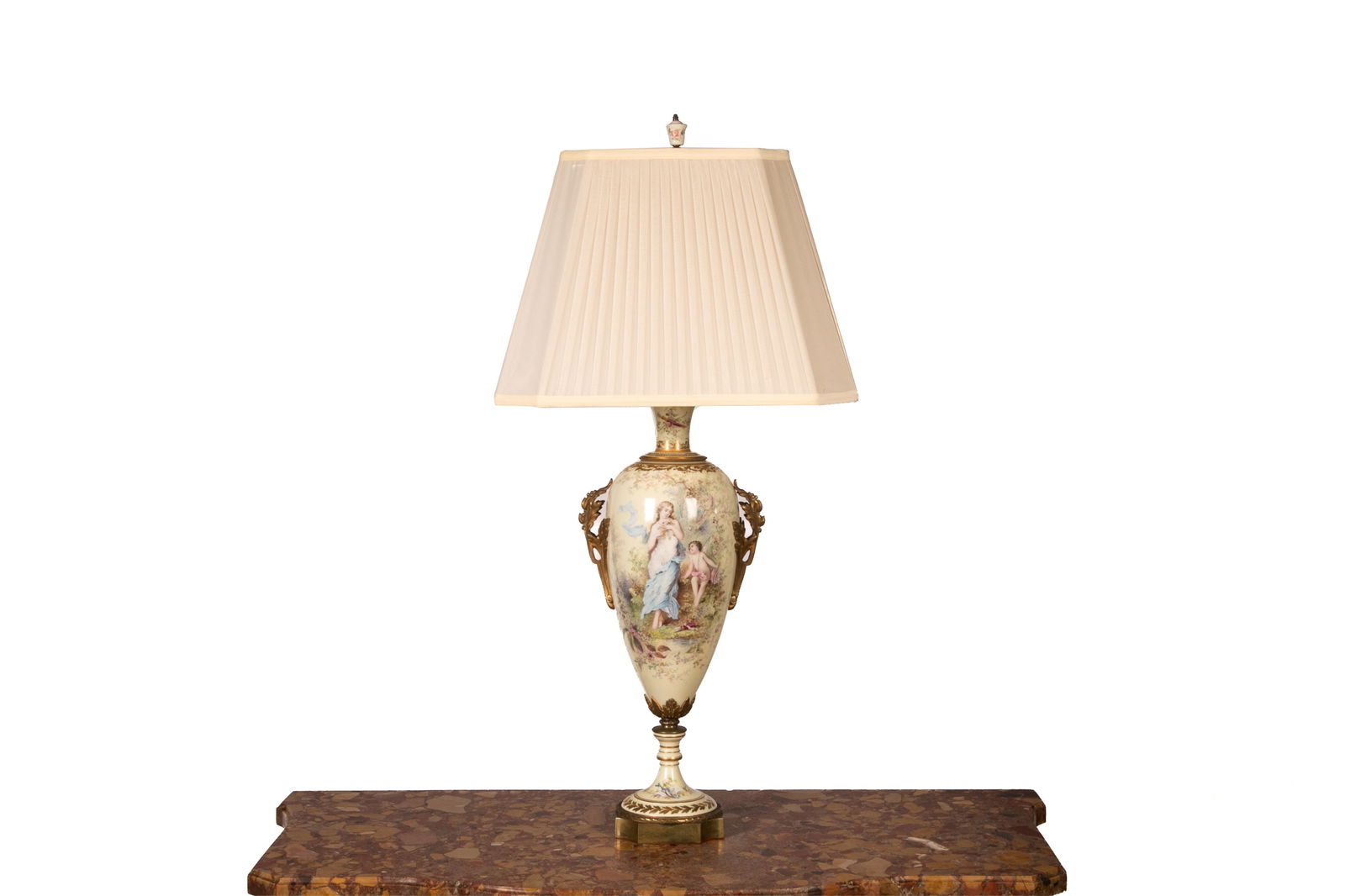 FRENCH HAND PAINTED PORCELAIN TABLE LAMP: Sevres style vase hand painted with figures in a garden, bronze mounts, late 19th / early 20th C. H. of body: 58.4 cm (23 in.) H. with shade: 91.4 cm (36 in.)