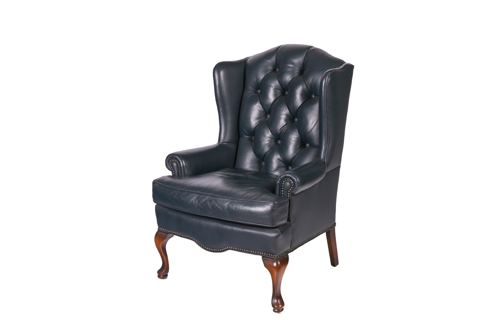 VINTAGE BLUE TUFTED LEATHER ARMCHAIR: H. 43" W. 31" D. 33"
