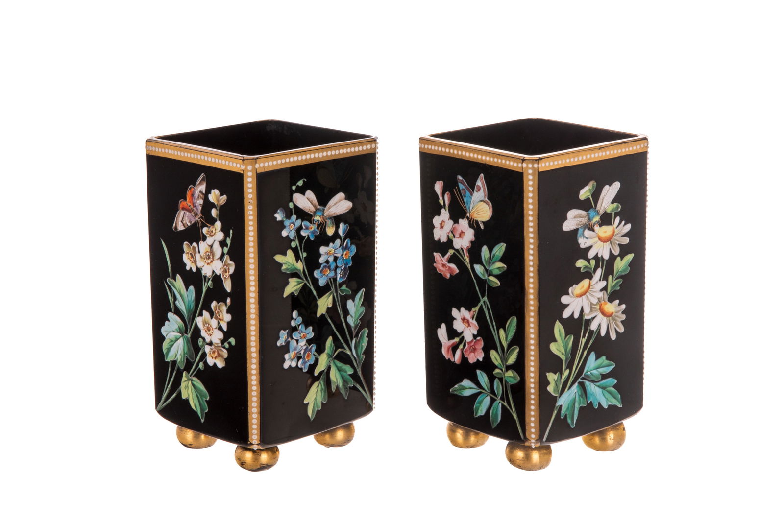 PAIR OF ANTIQUE BLACK GLASS & ENAMEL VASES (1 of 3)