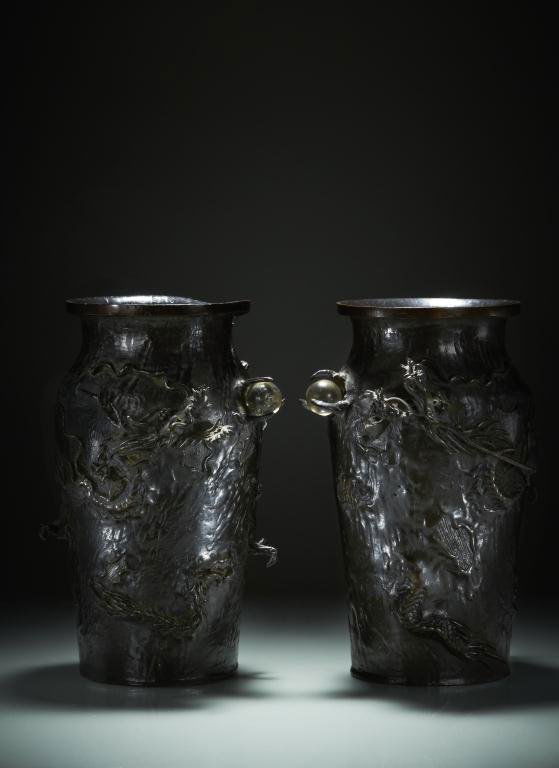 PAIR OF JAPANESE BRONZE VASES: With dragon motif and outstretched claws holding glass balls, four character maker's mark to base. H 24.3 cm. (9 5/8 in.) Provenance: from the collection of Mr. Abraham Abraham of The Jade Shop, Toron