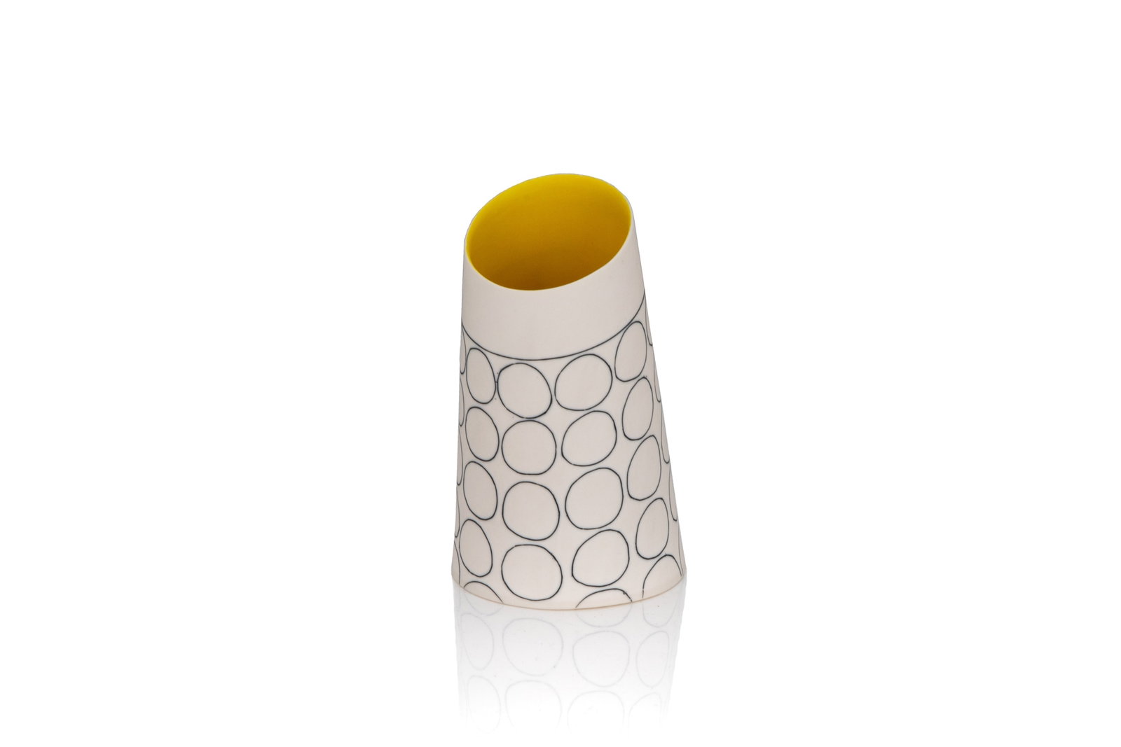 LARA SCOBIE (Scottish, b. 1967): A white vase with imperfect circles throughout the exterior with a yellow interior. Signed. H:6.4in (16cm)